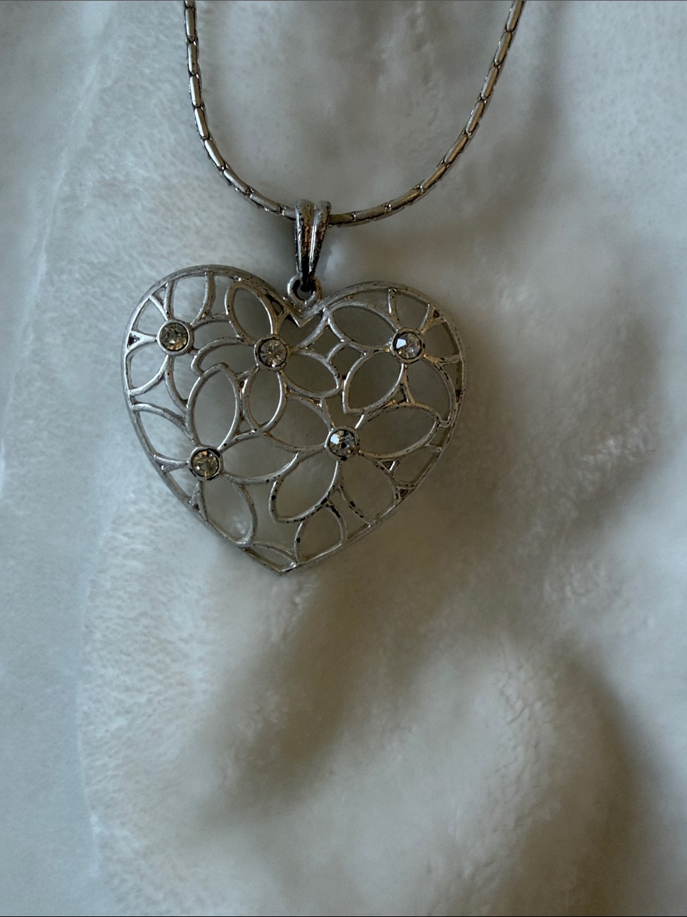 Silver Heart Filigree Pendant Necklace with Crystal Accents